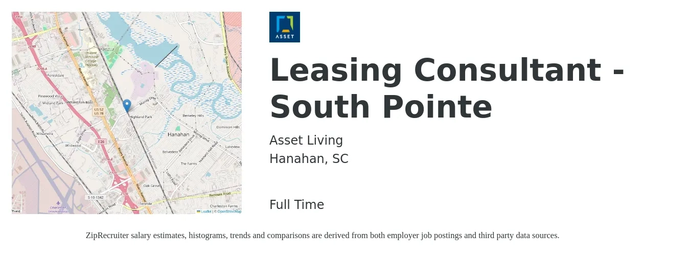 Asset Living job posting for a Leasing Consultant - South Pointe in Hanahan, SC with a salary of $15 to $18 Hourly with a map of Hanahan location.