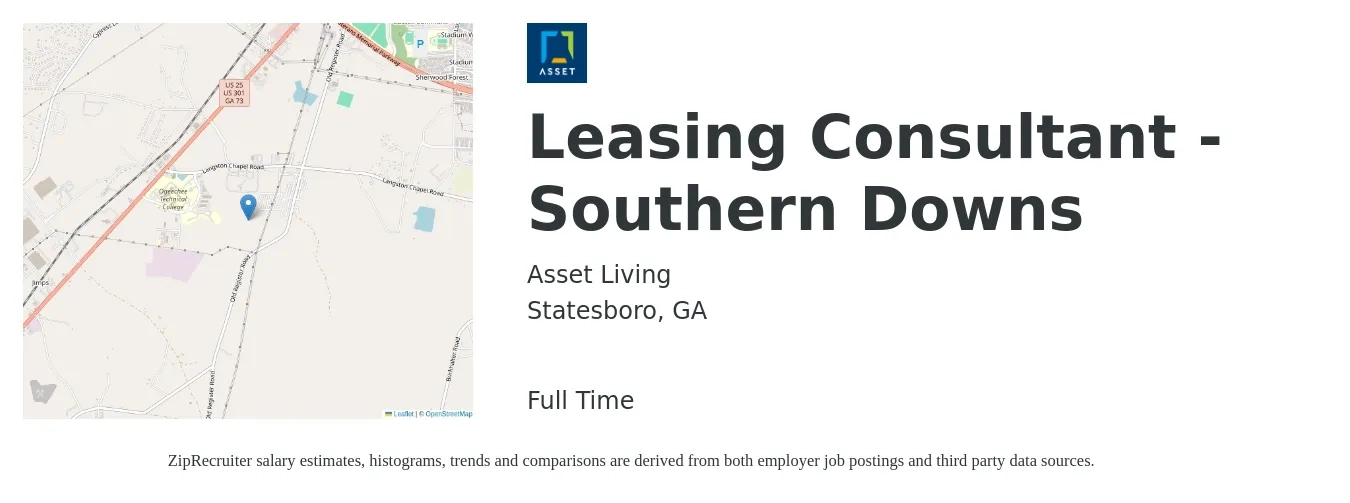 Asset Living job posting for a Leasing Consultant - Southern Downs in Statesboro, GA with a salary of $14 to $16 Hourly with a map of Statesboro location.