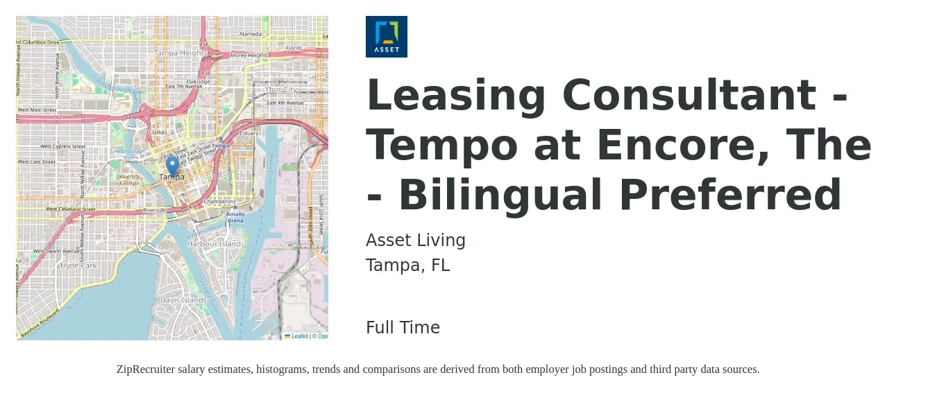 Asset Living job posting for a Leasing Consultant - Tempo at Encore, The - Bilingual Preferred in Tampa, FL with a salary of $16 to $18 Hourly with a map of Tampa location.