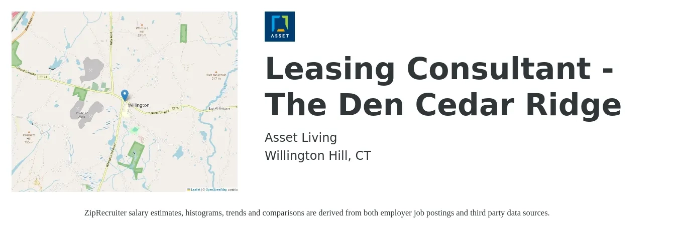 Asset Living job posting for a Leasing Consultant - The Den Cedar Ridge in Willington Hill, CT with a salary of $16 to $20 Hourly with a map of Willington Hill location.