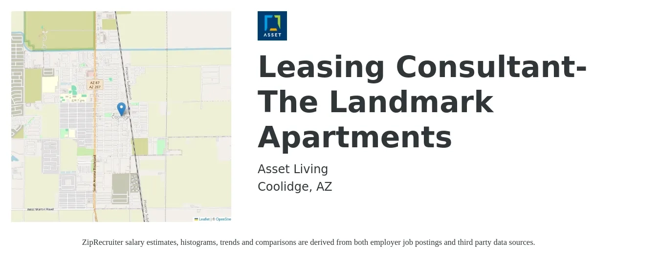 Asset Living job posting for a Leasing Consultant- The Landmark Apartments in Coolidge, AZ with a salary of $16 to $18 Hourly with a map of Coolidge location.