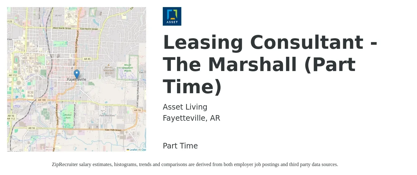 Asset Living job posting for a Leasing Consultant - The Marshall (Part Time) in Fayetteville, AR with a salary of $16 to $19 Hourly with a map of Fayetteville location.