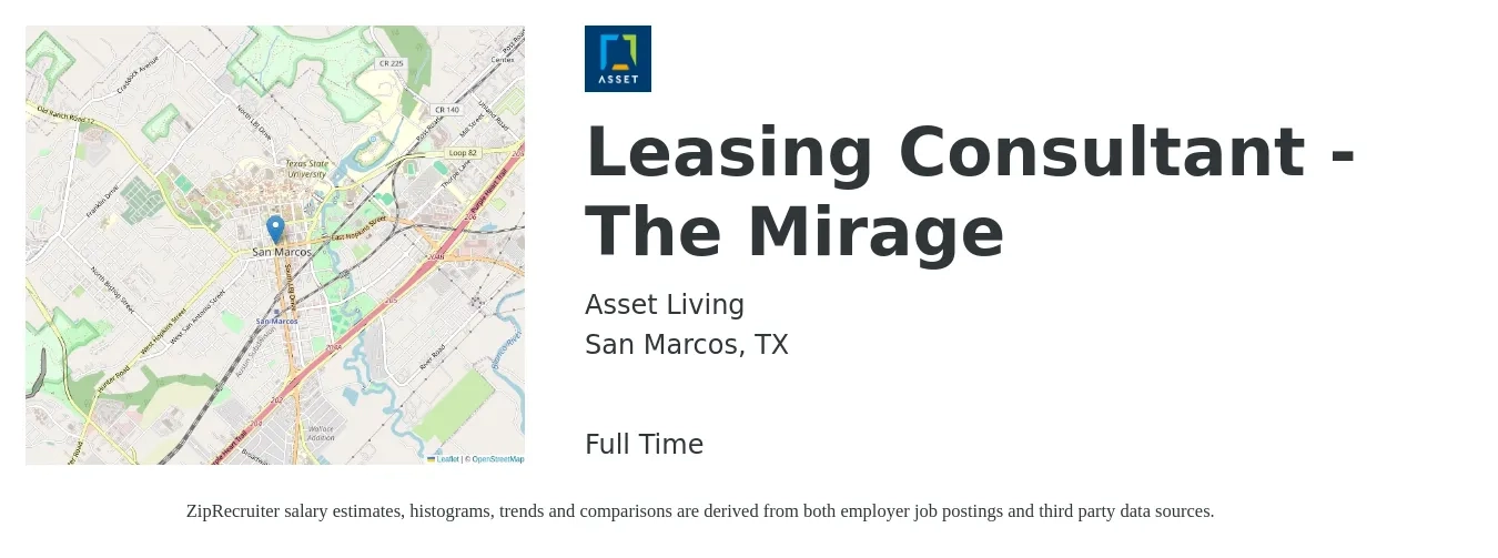 Asset Living job posting for a Leasing Consultant - The Mirage in San Marcos, TX with a salary of $15 to $18 Hourly with a map of San Marcos location.
