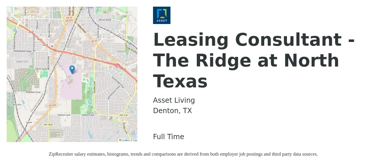 Asset Living job posting for a Leasing Consultant - The Ridge at North Texas in Denton, TX with a salary of $16 to $18 Hourly with a map of Denton location.