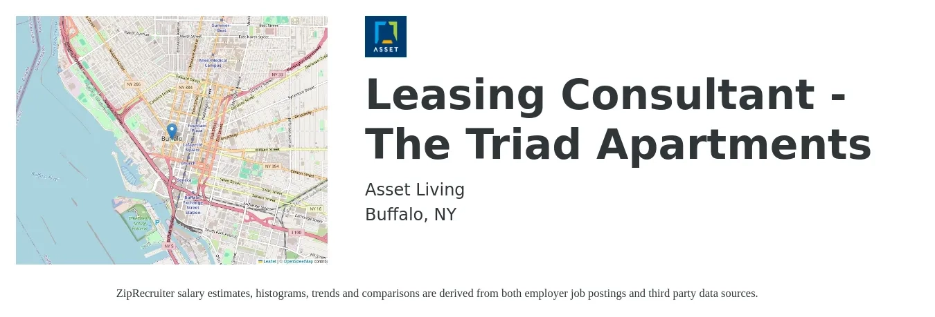 Asset Living job posting for a Leasing Consultant - The Triad Apartments in Buffalo, NY with a salary of $16 to $19 Hourly with a map of Buffalo location.