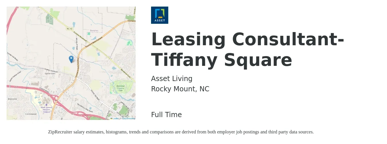 Asset Living job posting for a Leasing Consultant-Tiffany Square in Rocky Mount, NC with a salary of $16 to $19 Hourly with a map of Rocky Mount location.