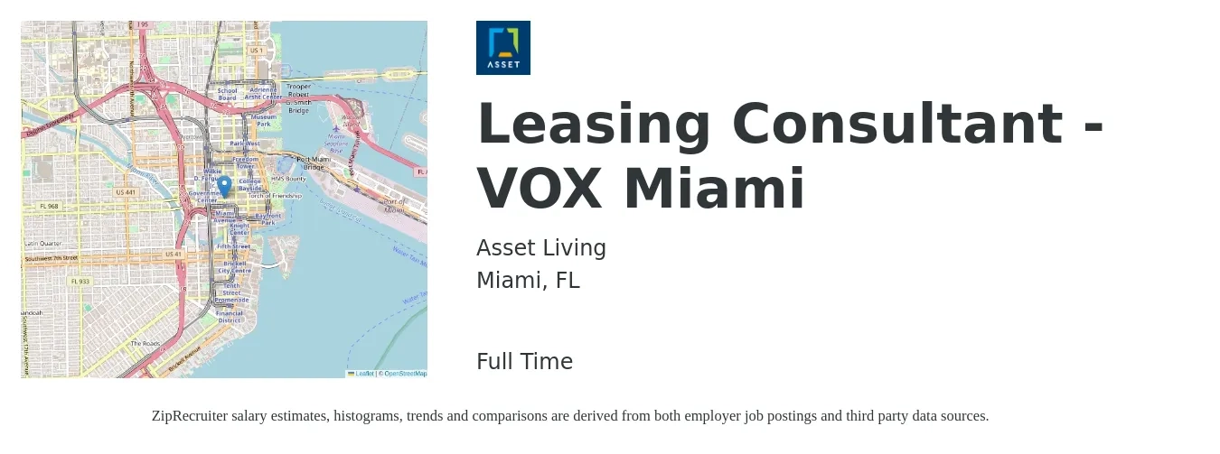 Asset Living job posting for a Leasing Consultant - VOX Miami in Miami, FL with a salary of $16 to $19 Hourly with a map of Miami location.