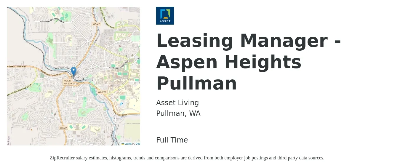 Asset Living job posting for a Leasing Manager - Aspen Heights Pullman in Pullman, WA with a salary of $44,900 to $118,200 Yearly with a map of Pullman location.