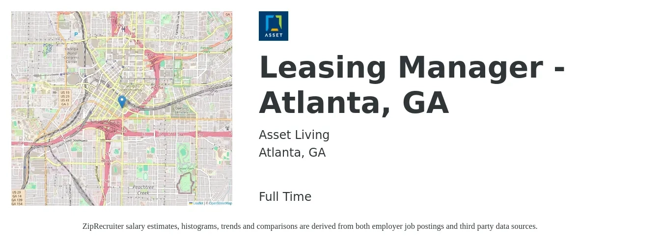 Asset Living job posting for a Leasing Manager - Atlanta, GA in Atlanta, GA with a salary of $44,200 to $116,400 Yearly with a map of Atlanta location.
