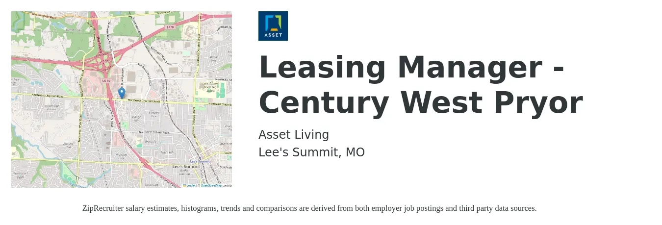 Asset Living job posting for a Leasing Manager - Century West Pryor in Lee's Summit, MO with a salary of $44,800 to $117,700 Yearly with a map of Lee's Summit location.