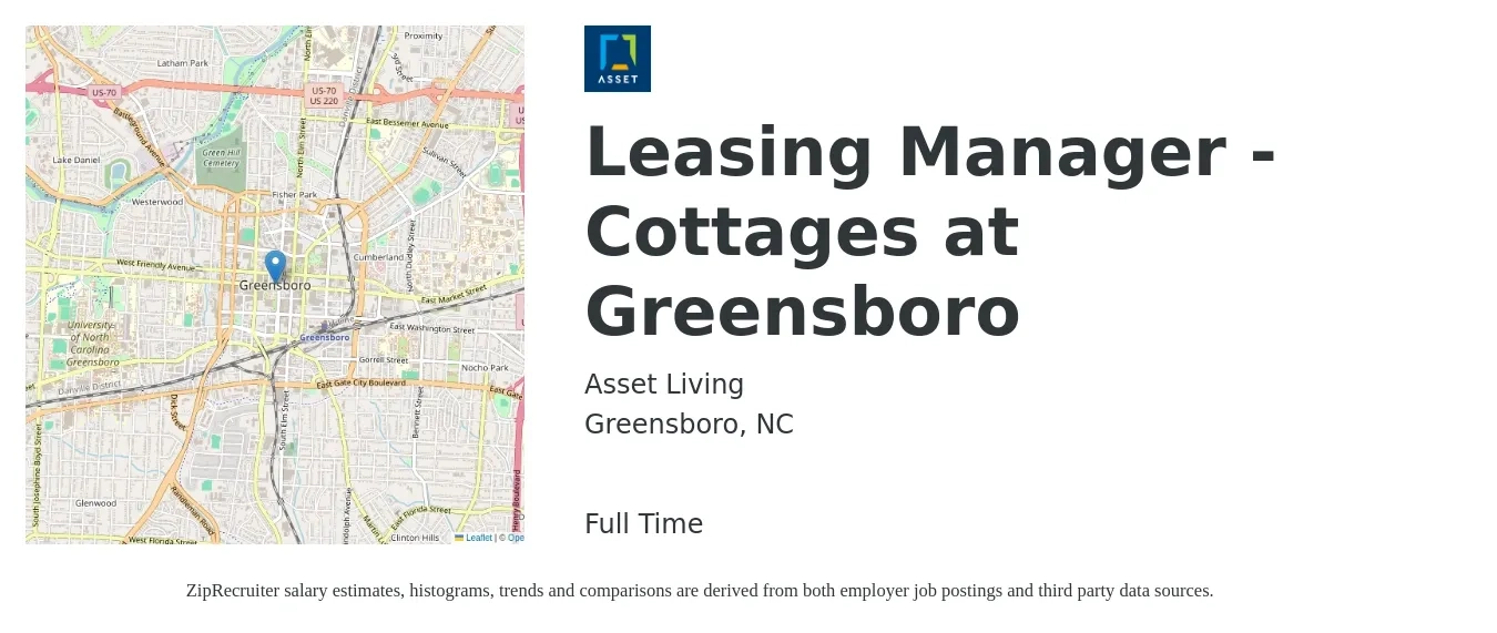 Asset Living job posting for a Leasing Manager - Cottages at Greensboro in Greensboro, NC with a salary of $44,600 to $117,200 Yearly with a map of Greensboro location.