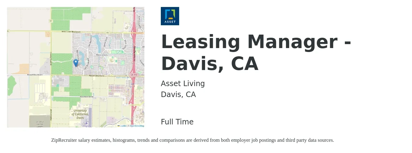 Asset Living job posting for a Leasing Manager - Davis, CA in Davis, CA with a salary of $49,700 to $130,800 Yearly with a map of Davis location.