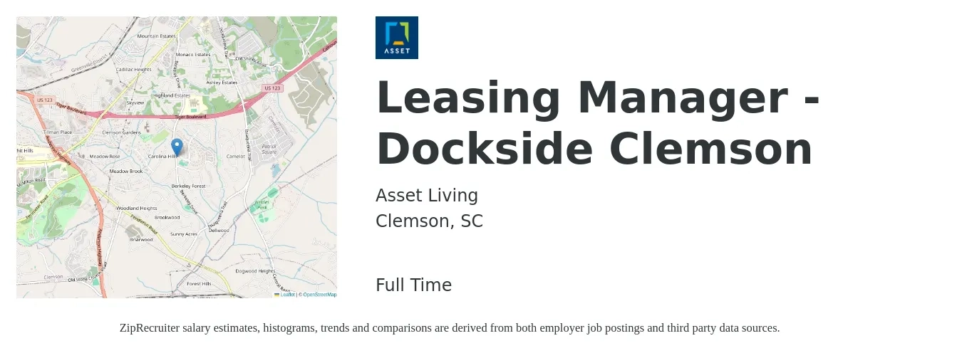 Asset Living job posting for a Leasing Manager - Dockside Clemson in Clemson, SC with a salary of $39,000 to $102,500 Yearly with a map of Clemson location.