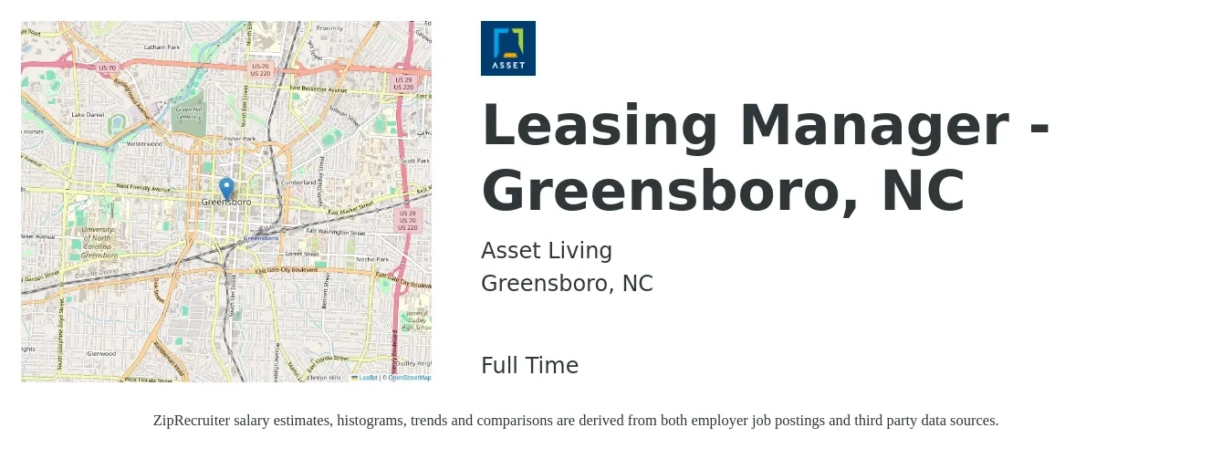 Asset Living job posting for a Leasing Manager - Greensboro, NC in Greensboro, NC with a salary of $44,600 to $117,200 Yearly with a map of Greensboro location.