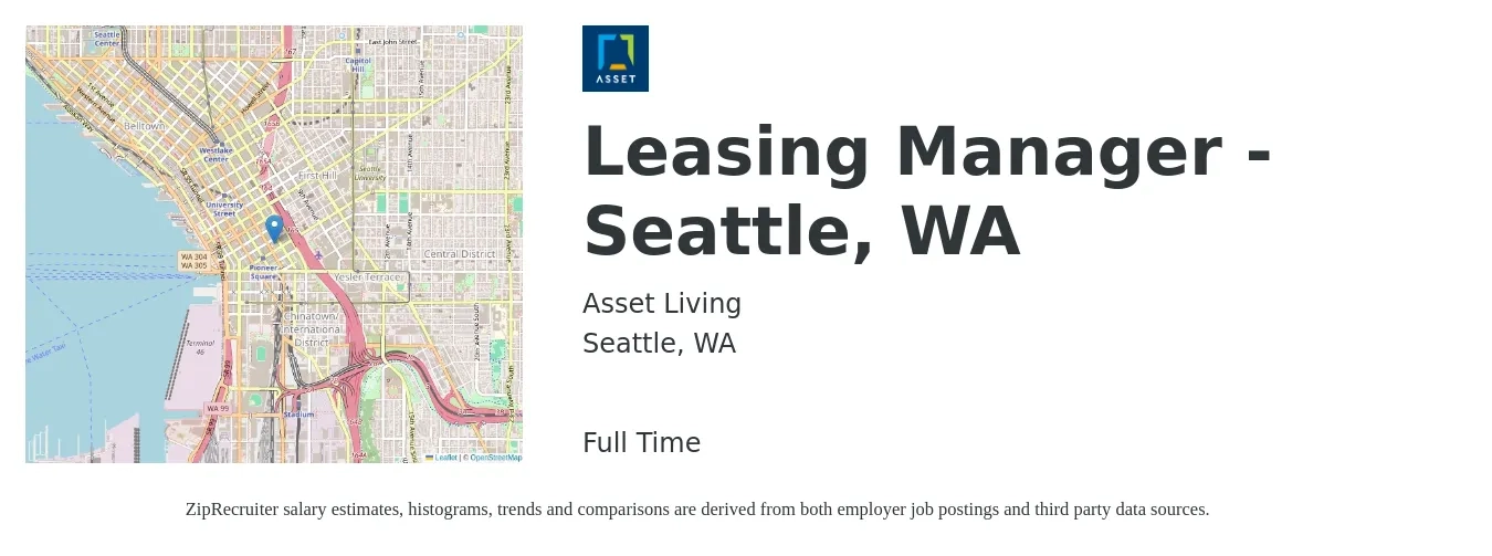 Asset Living job posting for a Leasing Manager - Seattle, WA in Seattle, WA with a salary of $52,300 to $137,700 Yearly with a map of Seattle location.