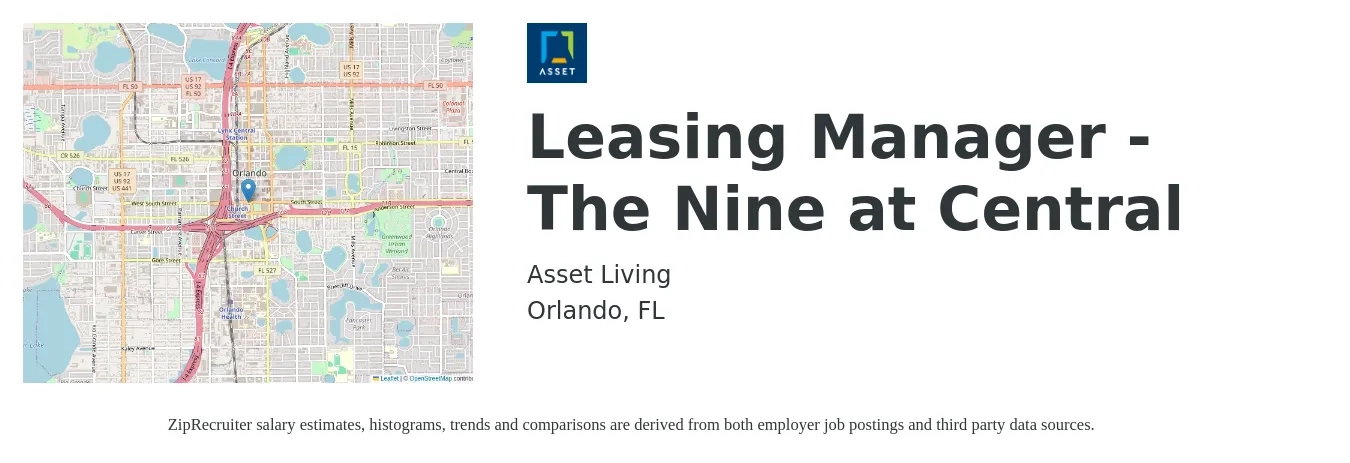 Asset Living job posting for a Leasing Manager - The Nine at Central in Orlando, FL with a salary of $42,900 to $113,000 Yearly with a map of Orlando location.