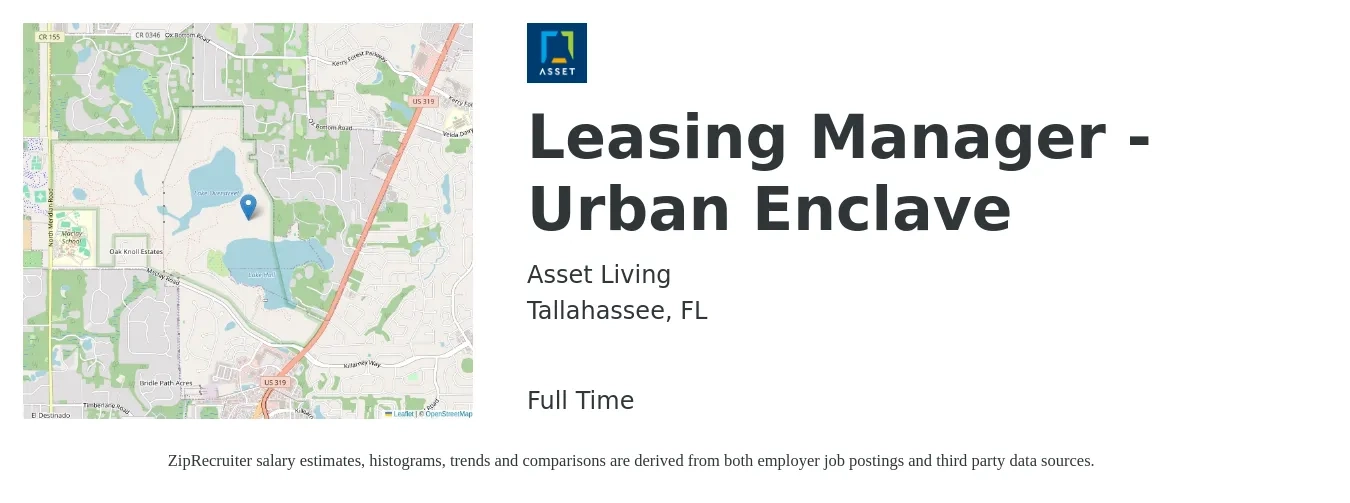 Asset Living job posting for a Leasing Manager - Urban Enclave in Tallahassee, FL with a salary of $43,700 to $114,900 Yearly with a map of Tallahassee location.