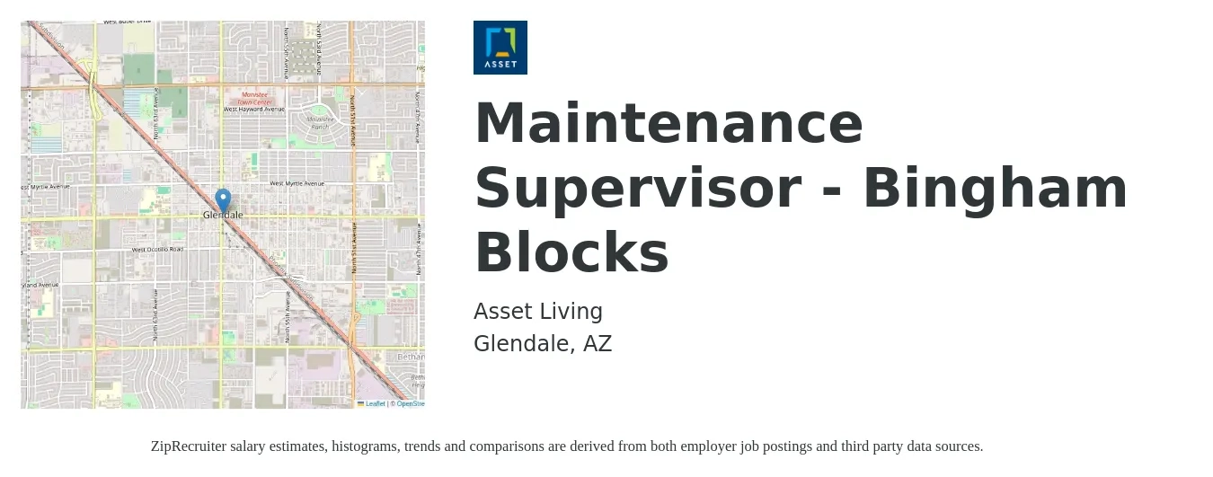Asset Living job posting for a Maintenance Supervisor - Bingham Blocks in Glendale, AZ with a salary of $24 to $40 Hourly with a map of Glendale location.