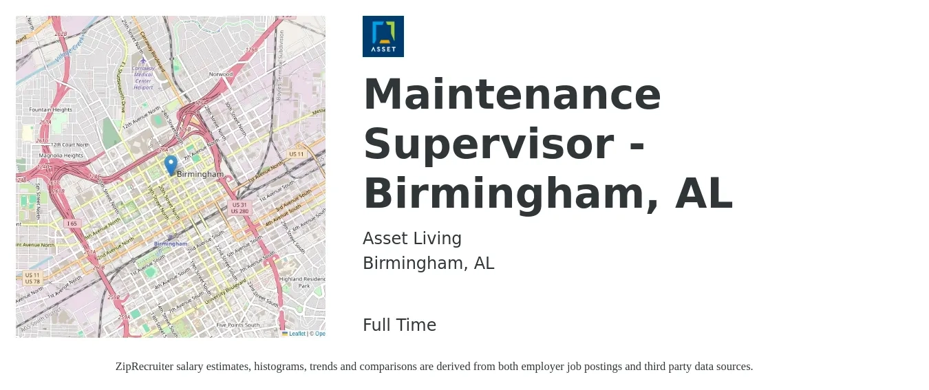 Asset Living job posting for a Maintenance Supervisor - Birmingham, AL in Birmingham, AL with a salary of $22 to $37 Hourly with a map of Birmingham location.