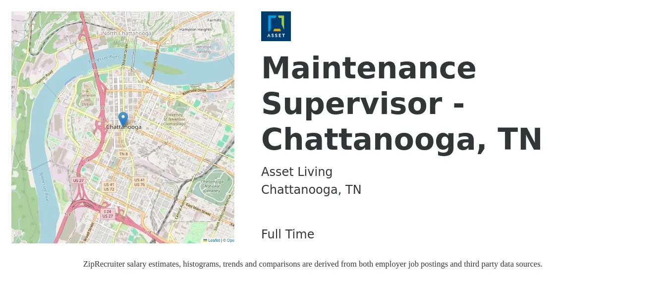 Asset Living job posting for a Maintenance Supervisor - Chattanooga, TN in Chattanooga, TN with a salary of $22 to $36 Hourly with a map of Chattanooga location.