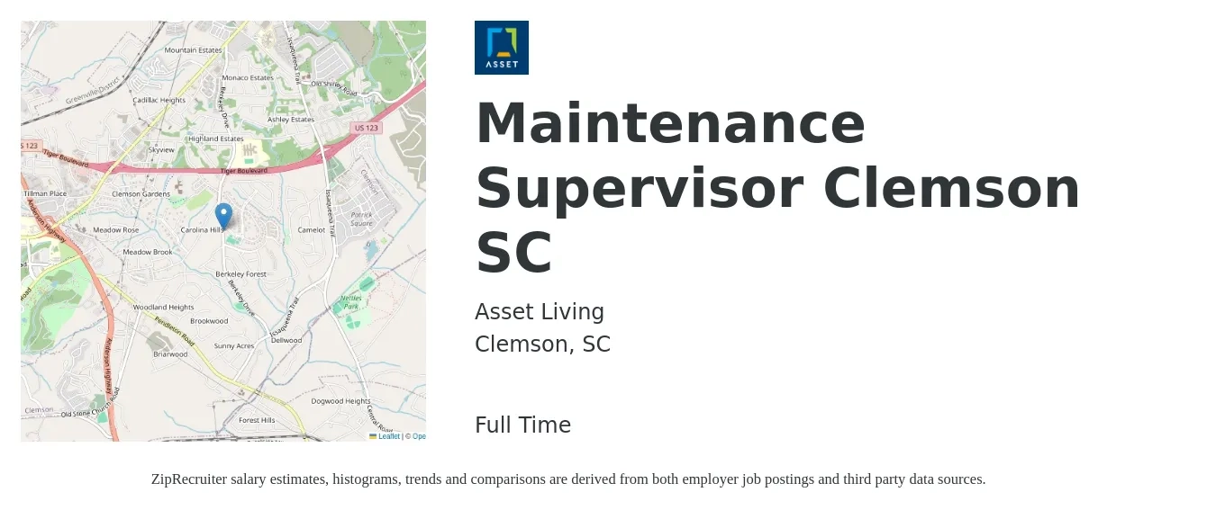 Asset Living job posting for a Maintenance Supervisor Clemson SC in Clemson, SC with a salary of $20 to $34 Hourly with a map of Clemson location.