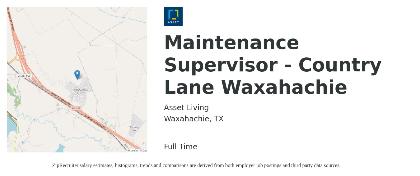 Asset Living job posting for a Maintenance Supervisor - Country Lane Waxahachie in Waxahachie, TX with a salary of $23 to $38 Hourly with a map of Waxahachie location.