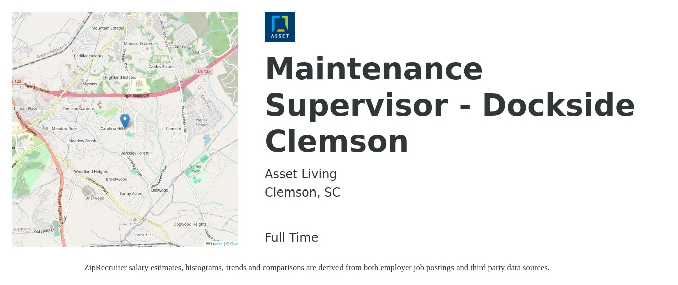 Asset Living job posting for a Maintenance Supervisor - Dockside Clemson in Clemson, SC with a salary of $20 to $34 Hourly with a map of Clemson location.