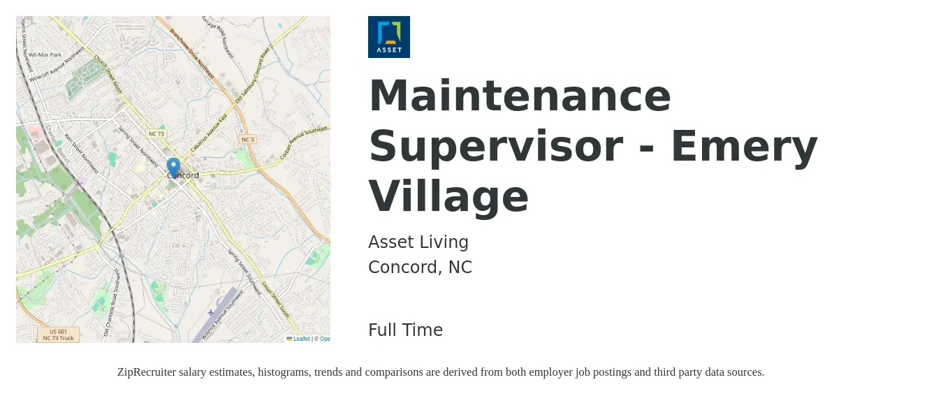 Asset Living job posting for a Maintenance Supervisor - Emery Village in Concord, NC with a salary of $22 to $37 Hourly with a map of Concord location.