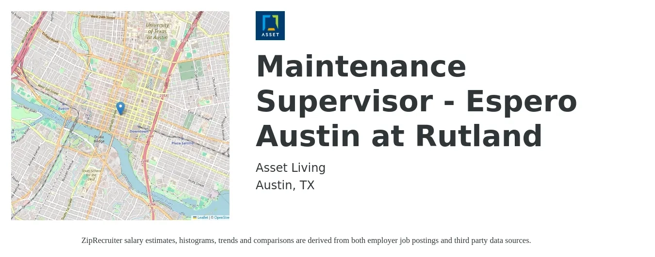Asset Living job posting for a Maintenance Supervisor - Espero Austin at Rutland in Austin, TX with a salary of $24 to $40 Hourly with a map of Austin location.