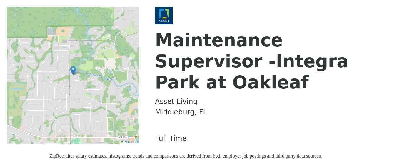Asset Living job posting for a Maintenance Supervisor - Integra Park at Oakleaf in Middleburg, FL with a salary of $20 to $33 Hourly with a map of Middleburg location.