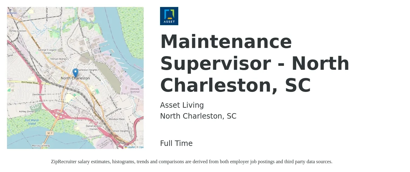 Asset Living job posting for a Maintenance Supervisor - North Charleston, SC in North Charleston, SC with a salary of $23 to $38 Hourly with a map of North Charleston location.