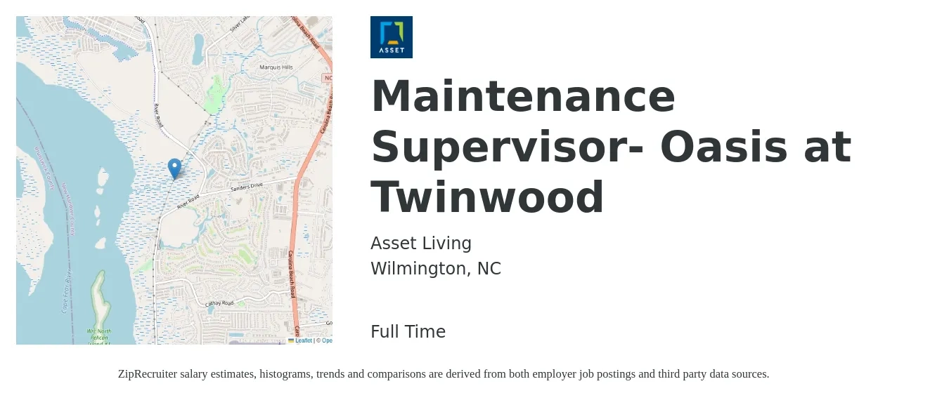 Asset Living job posting for a Maintenance Supervisor- Oasis at Twinwood in Wilmington, NC with a salary of $22 to $37 Hourly with a map of Wilmington location.