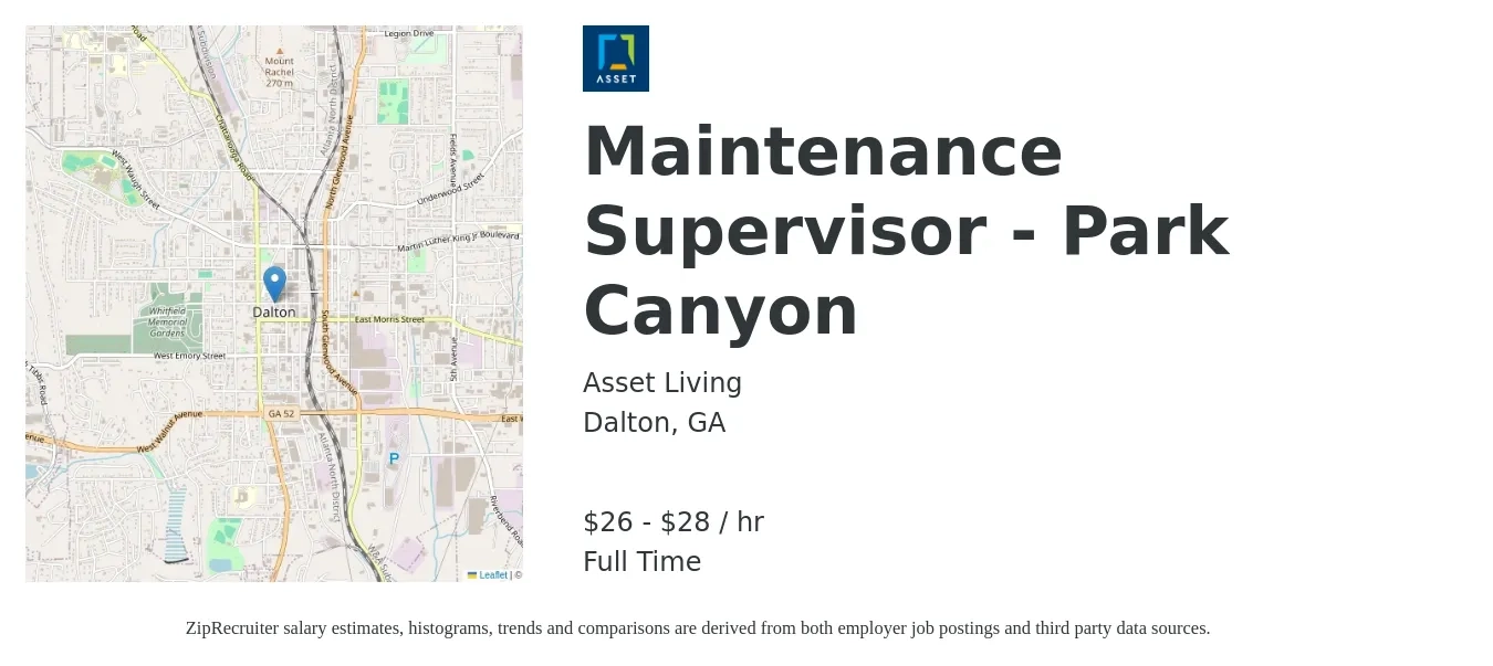 Asset Living job posting for a Maintenance Supervisor - Park Canyon in Dalton, GA with a salary of $28 to $30 Hourly with a map of Dalton location.