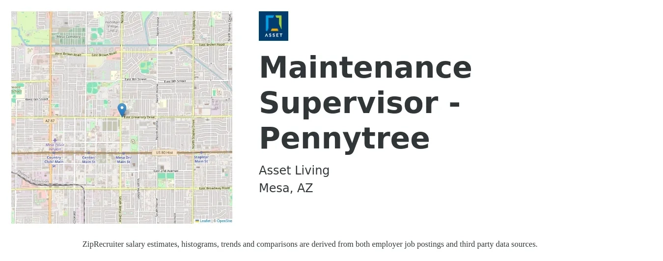 Asset Living job posting for a Maintenance Supervisor - Pennytree in Mesa, AZ with a salary of $24 to $40 Hourly with a map of Mesa location.