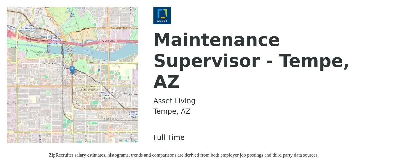 Asset Living job posting for a Maintenance Supervisor - Tempe, AZ in Tempe, AZ with a salary of $23 to $38 Hourly with a map of Tempe location.