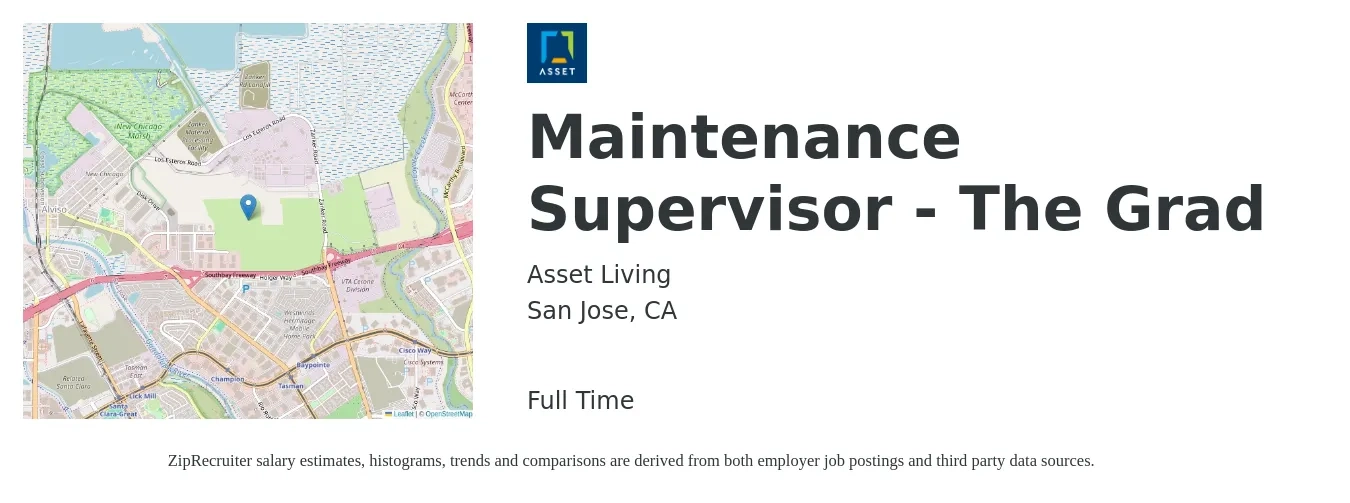 Asset Living job posting for a Maintenance Supervisor - The Grad in San Jose, CA with a salary of $25 to $35 Hourly with a map of San Jose location.