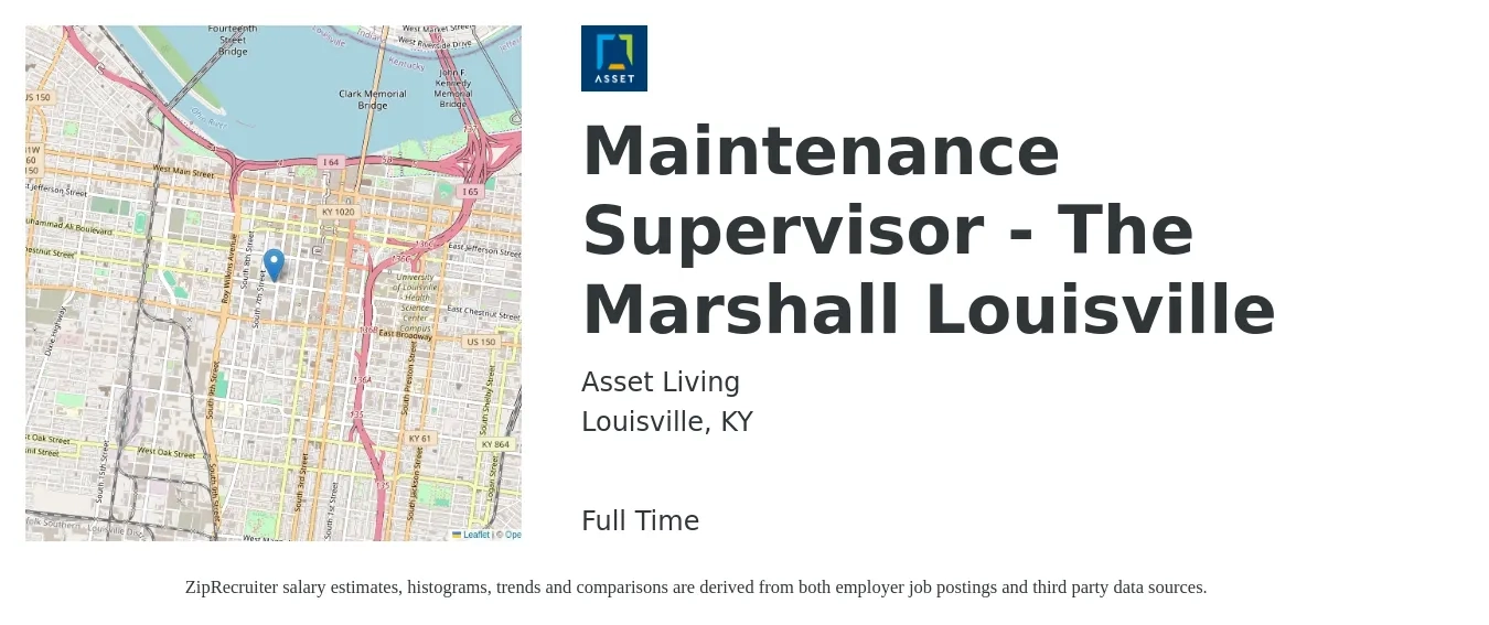 Asset Living job posting for a Maintenance Supervisor - The Marshall Louisville in Louisville, KY with a salary of $23 to $38 Hourly with a map of Louisville location.