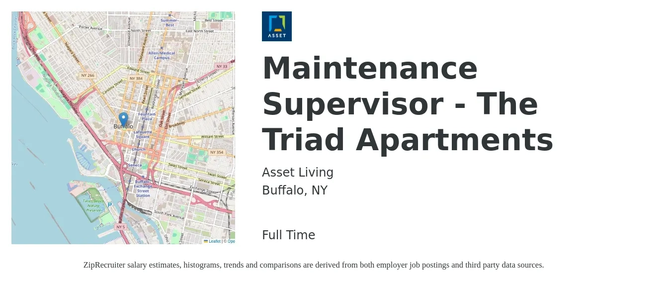 Asset Living job posting for a Maintenance Supervisor - The Triad Apartments in Buffalo, NY with a salary of $23 to $38 Hourly with a map of Buffalo location.
