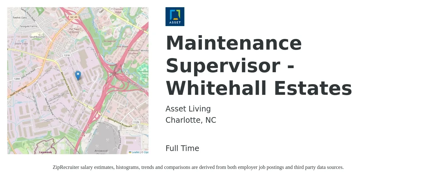 Asset Living job posting for a Maintenance Supervisor - Whitehall Estates in Charlotte, NC with a salary of $24 to $39 Hourly with a map of Charlotte location.