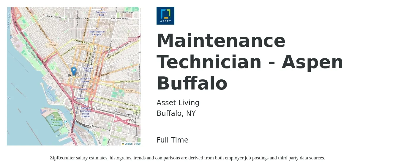 Asset Living job posting for a Maintenance Technician - Aspen Buffalo in Buffalo, NY with a salary of $19 to $26 Hourly with a map of Buffalo location.