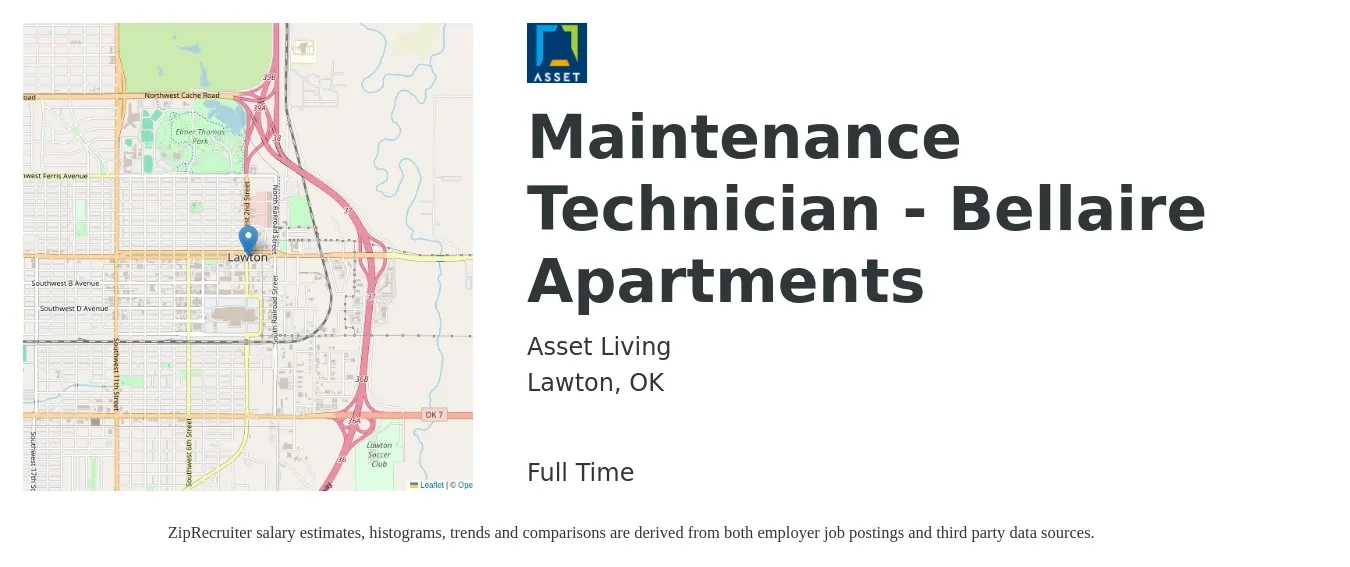 Asset Living job posting for a Maintenance Technician - Bellaire Apartments in Lawton, OK with a salary of $19 to $24 Hourly with a map of Lawton location.