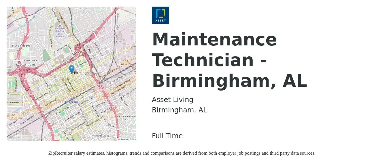 Asset Living job posting for a Maintenance Technician - Birmingham, AL in Birmingham, AL with a salary of $18 to $25 Hourly with a map of Birmingham location.
