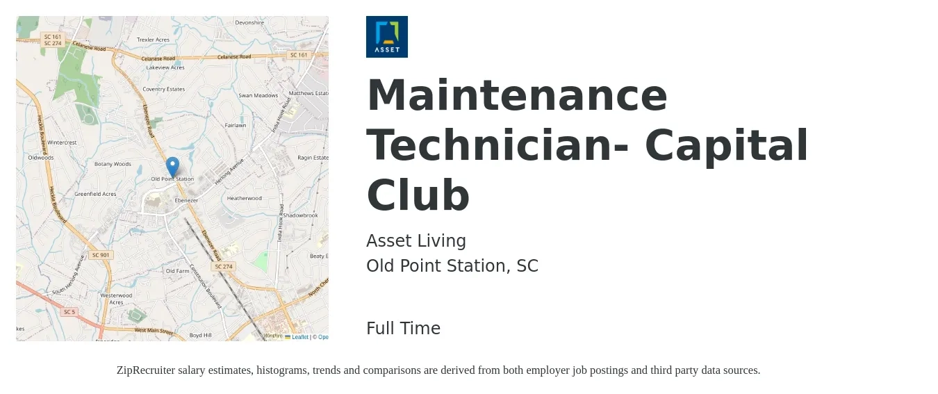 Asset Living job posting for a Maintenance Technician- Capital Club in Old Point Station, SC with a salary of $16 to $22 Hourly with a map of Old Point Station location.
