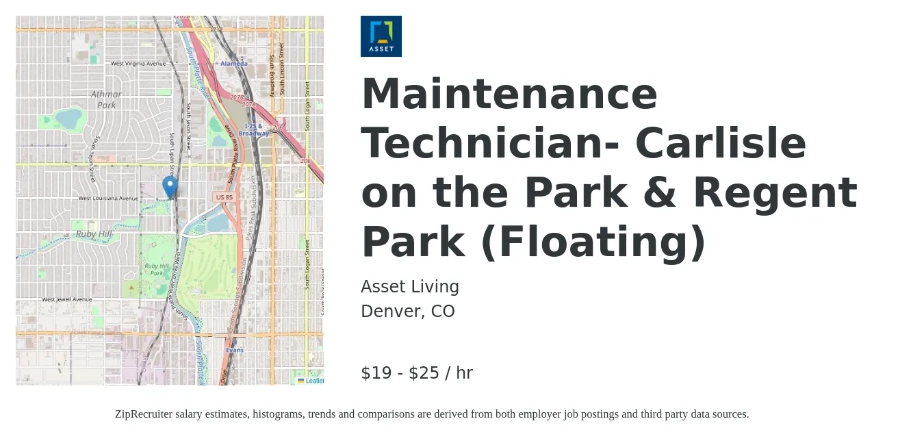 Asset Living job posting for a Maintenance Technician- Carlisle on the Park & Regent Park (Floating) in Denver, CO with a salary of $20 to $27 Hourly with a map of Denver location.