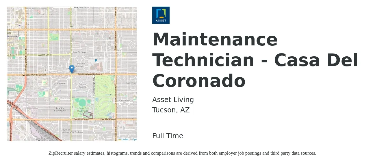 Asset Living job posting for a Maintenance Technician - Casa Del Coronado in Tucson, AZ with a salary of $16 to $23 Hourly with a map of Tucson location.