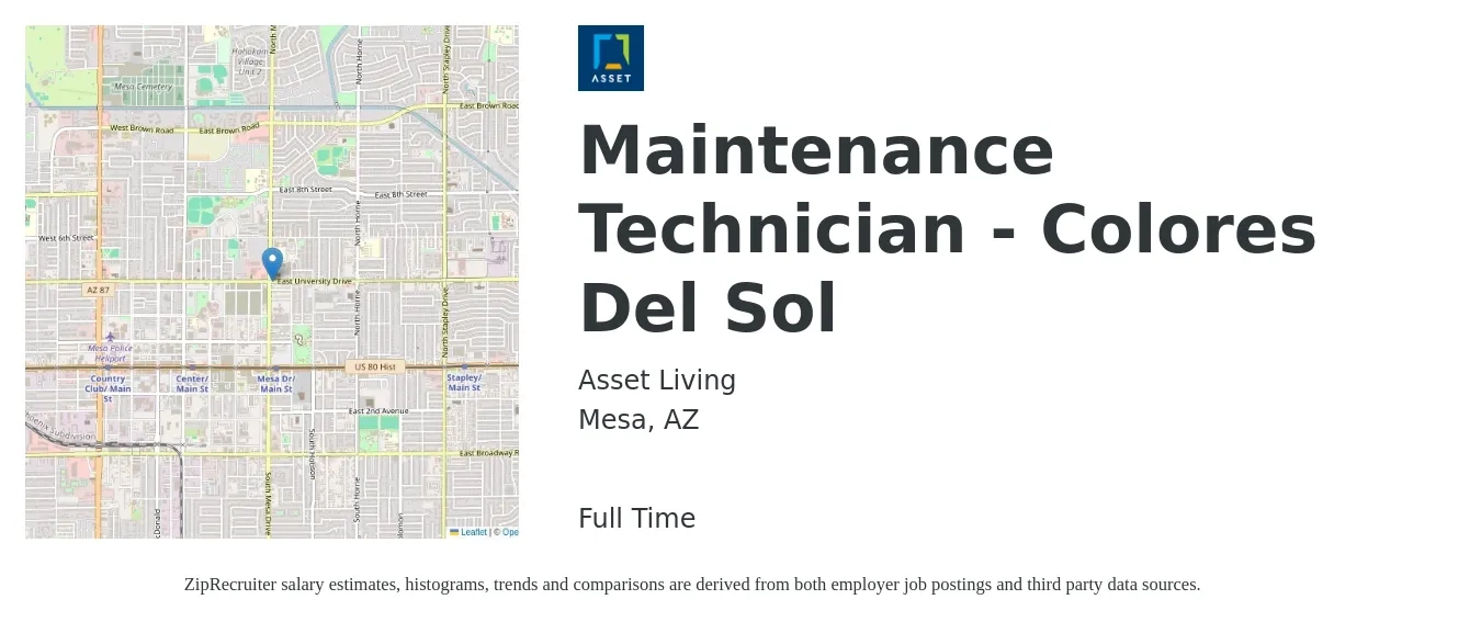 Asset Living job posting for a Maintenance Technician - Colores Del Sol in Mesa, AZ with a salary of $19 to $26 Hourly with a map of Mesa location.