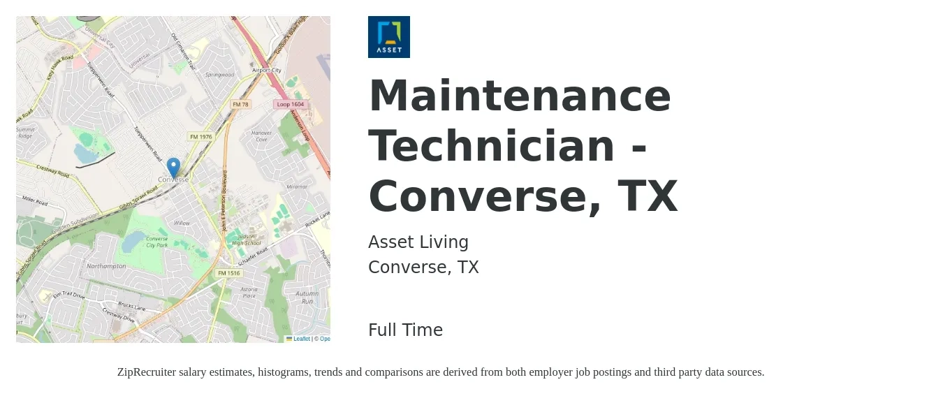Asset Living job posting for a Maintenance Technician - Converse, TX in Converse, TX with a salary of $18 to $24 Hourly with a map of Converse location.