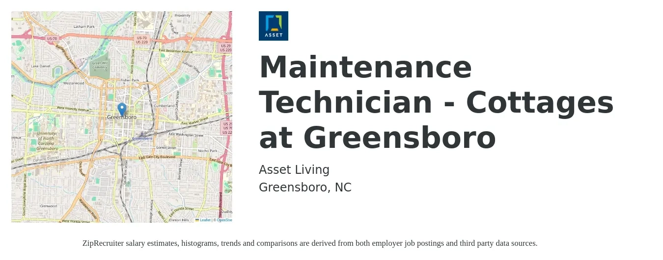 Asset Living job posting for a Maintenance Technician - Cottages at Greensboro in Greensboro, NC with a salary of $19 to $26 Hourly with a map of Greensboro location.