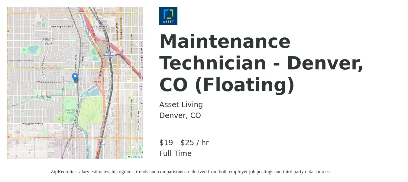 Asset Living job posting for a Maintenance Technician - Denver, CO (Floating) in Denver, CO with a salary of $20 to $27 Hourly with a map of Denver location.