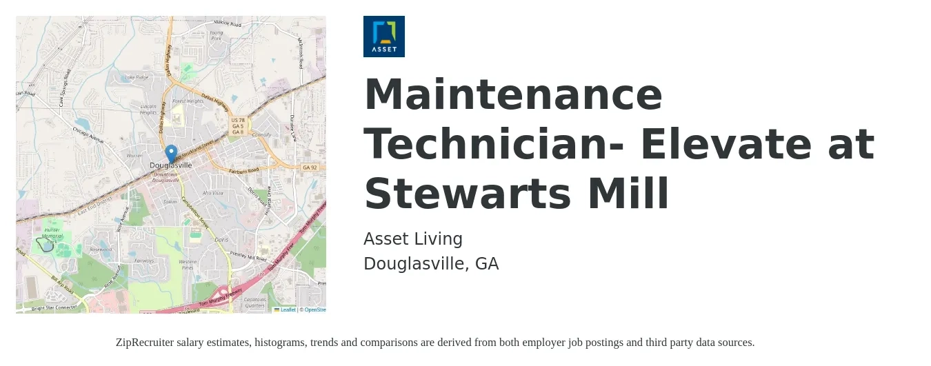 Asset Living job posting for a Maintenance Technician- Elevate at Stewarts Mill in Douglasville, GA with a salary of $17 to $24 Hourly with a map of Douglasville location.